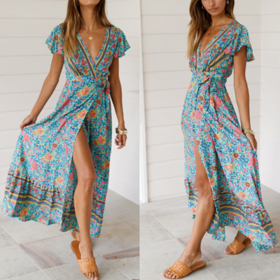 Wrap Style V Neck Floral Maxi Dress