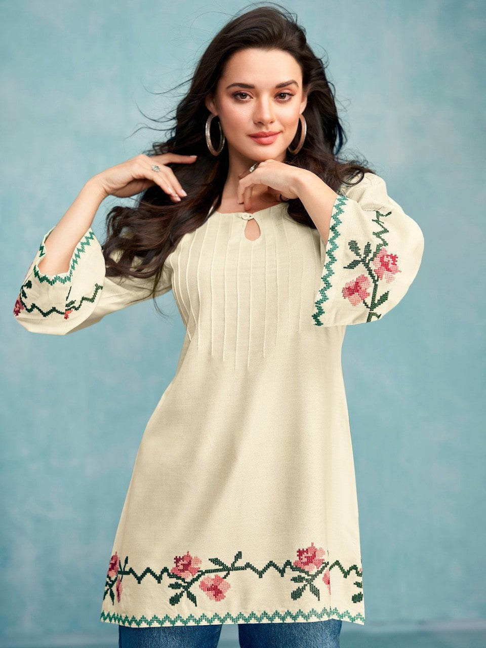 Hole Neck Rayon Embroidered Tunic